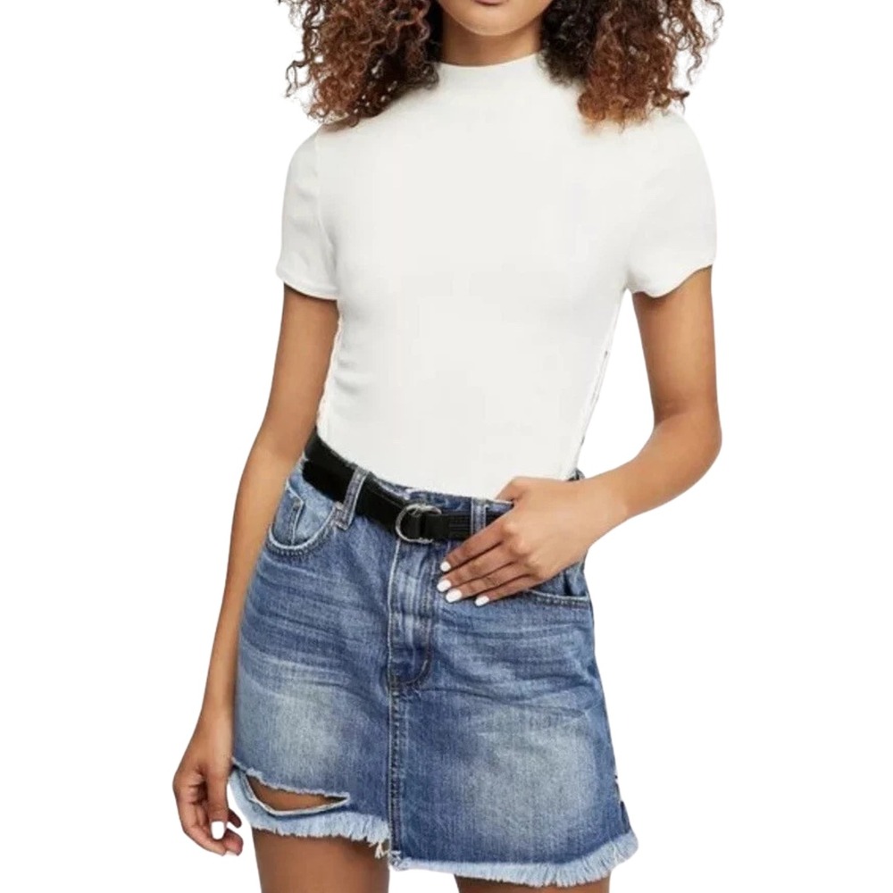 One x OneTeaspoon Skirt 26 Blue Denim Mini High Waist Frayed Free‎ People NEW